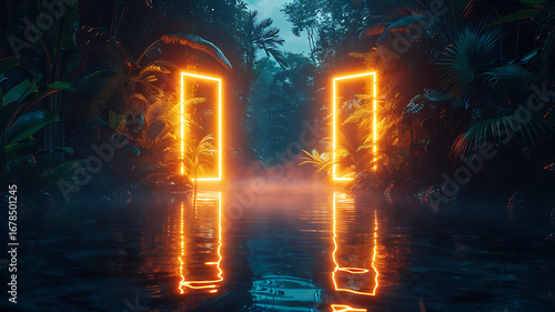 Wallpaper Mural Glowing Rectangular Portal Reflecting on Dark Waters Amidst Tropical Foliage, Creating a Mystical Jungle Atmosphere. Torontodigital.ca