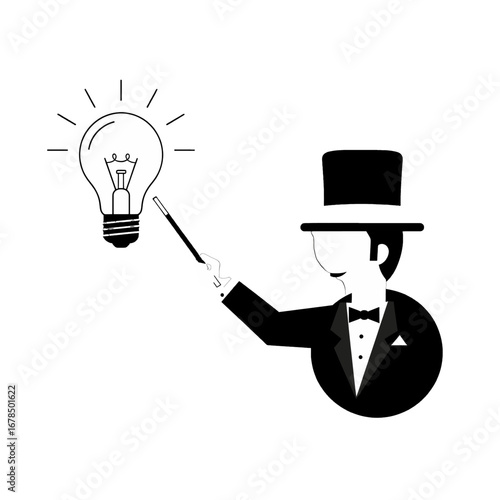 Magician Holding Magic Wand Pointing to Glowing Light Bulb Idea in Black and White Vector Illustration
