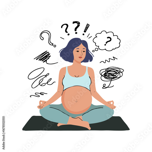pregnant woman meditating in lotus position with question marks around her illustration 