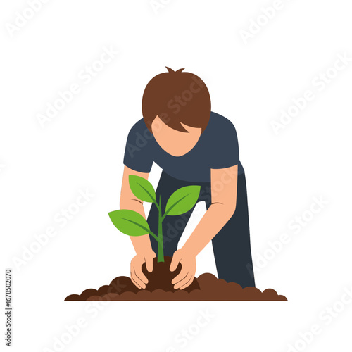 Man Planting Seedling in Brown Soil for Green Environment Conservation and Sustainable Growth in Flat Vector Illustration on White Background