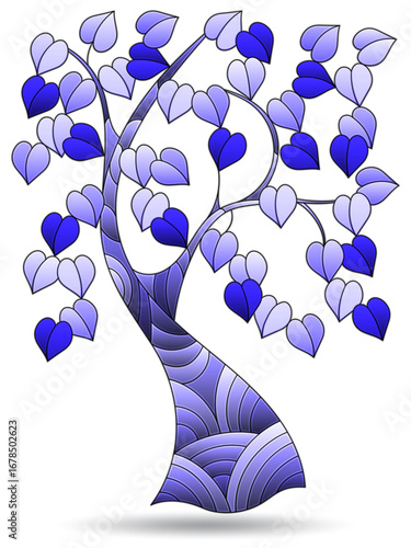 Illustration in the style of a stained glass window with a tree , a plant isolated on a white background, tone blue