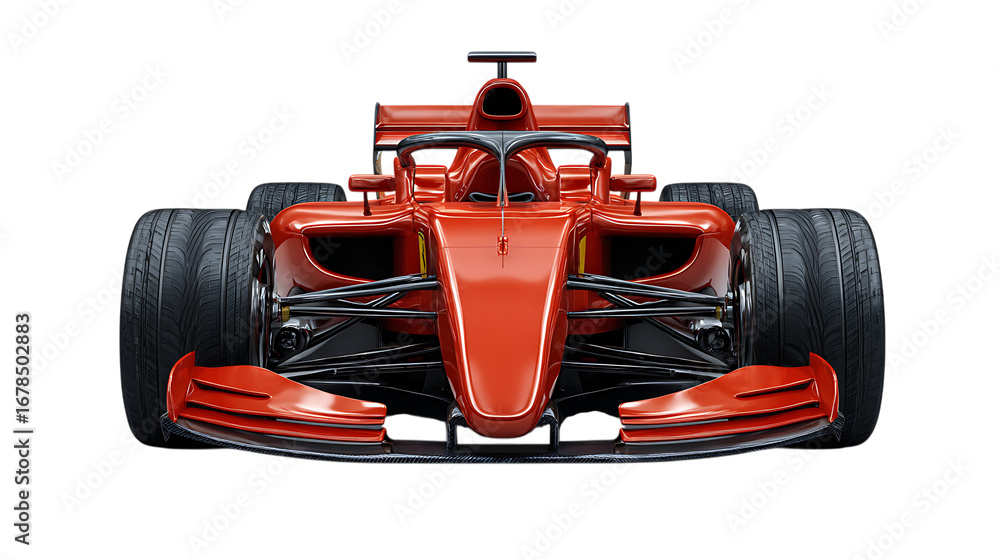 Naklejka premium Front view of a sleek red formula 1 racing car isolated on transparent background
