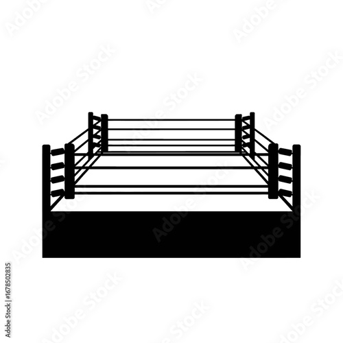 Boxing Ring Square Shape Arena with Ropes in Black and White Isolated on White Background