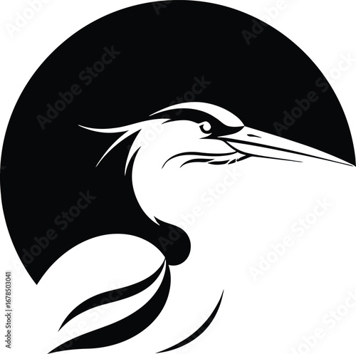 Stylized black and white heron silhouette in a crescent shape