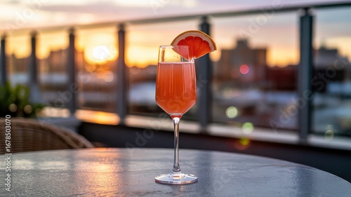 Elegant Pink Grapefruit Cocktail Mimosa or Spritzer in Flute Glass with Fruit Garnish on Rooftop Bar Table Overlooking City Skyline at Sunset Hour