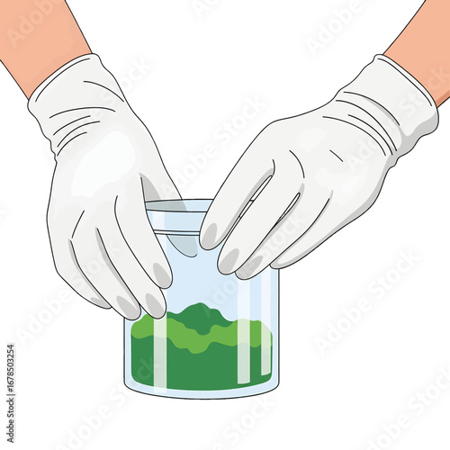 Hands in White Gloves Holding Beaker with Green Solution for Scientific Experiment in Laboratory