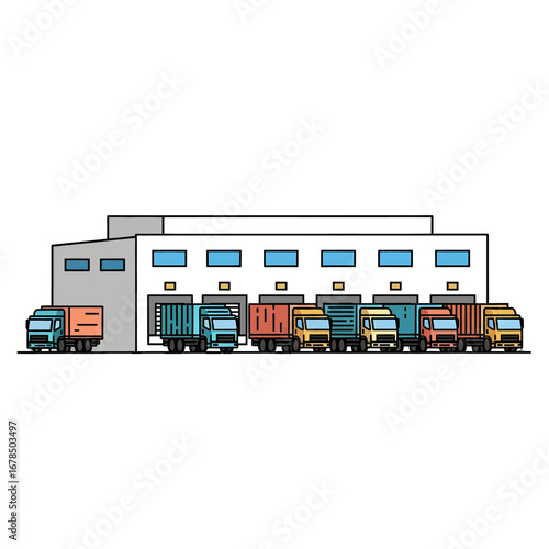 Pixel Art Depiction of a Row of Colorful Trucks Parked in Front of a Warehouse Building For Delivery and Transportation