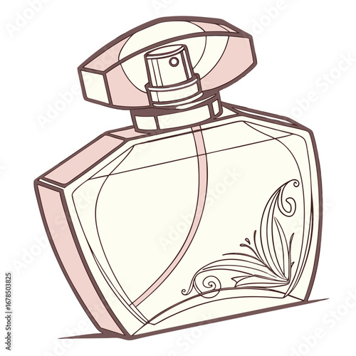 Illustration of a stylish, pink perfume bottle with a floral design and a spray nozzle.