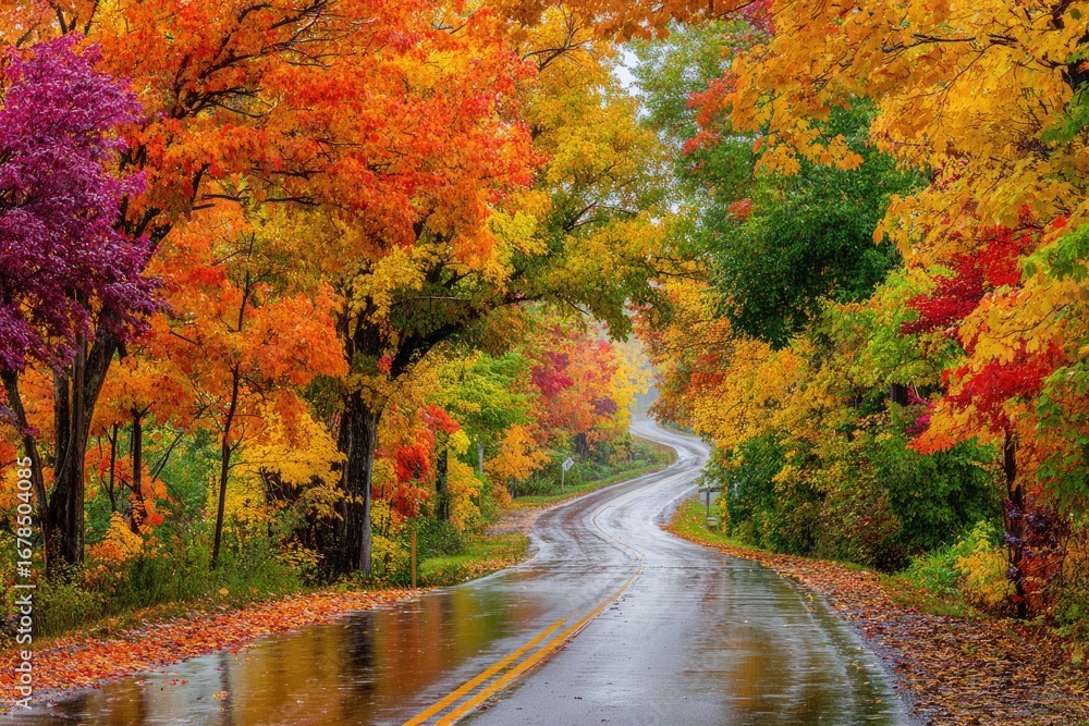 Fototapeta premium Autumnal, winding road through colorful trees in the rain