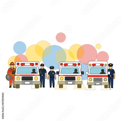 Three Emergency Vehicles with Police and Firefighter Team on White Background Illustration