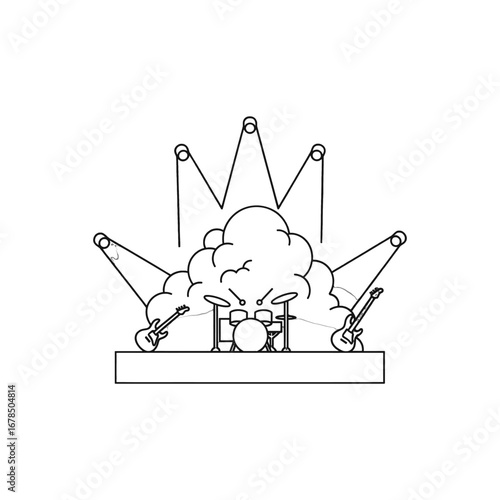 Sketch Illustration of a Rock Band Performing on Stage with Guitars Drums and Dramatic Lighting in Black and White
