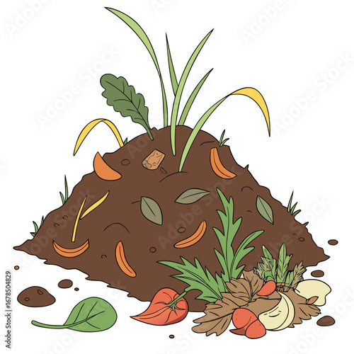 Illustration of a compost pile with organic waste, food scraps, and green plants growing, demonstrating sustainable gardening practices.