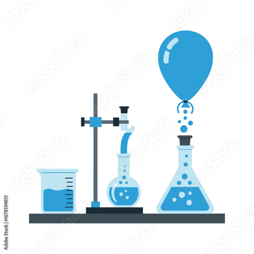 Science Experiment with Beakers Flasks and Blue Balloon on White Background Chemical Reaction Concept