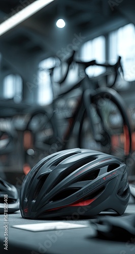 Close-up of a black cycling helmet, red accents, on a table in a bicycle shop. Blurred background of other bikes and equipment