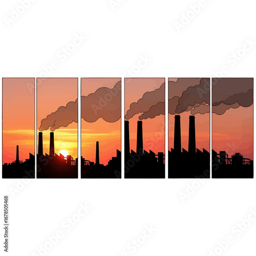 Industrial Factory Silhouettes with Plumes of Smoke Against a Vibrant Sunset Sky in an Environmental Landscape