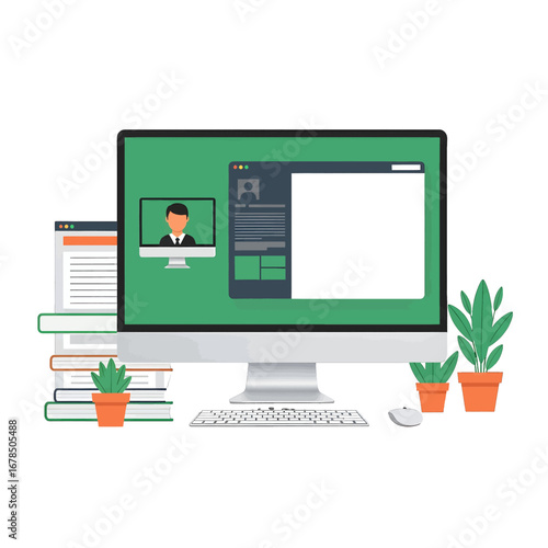 Desktop Computer Screen with Video Conference Application Running with Books and Plants on White Tabletop for Online Education