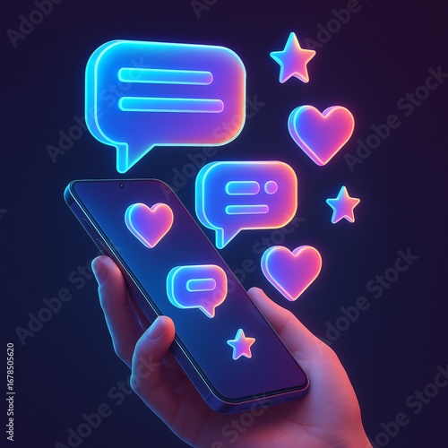 Hand Holding Smartphone with Floating Holographic Social Media Icons in Futuristic 3D Illustration