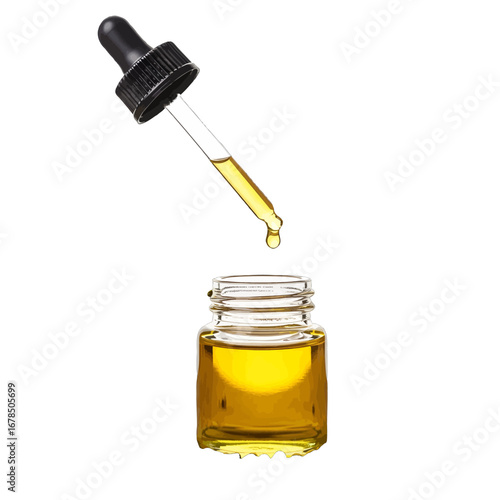 Clear Dropper Dispensing Yellow Liquid into a Small Glass Bottle against White Background for Pharmaceutical or Natural Remedy Use