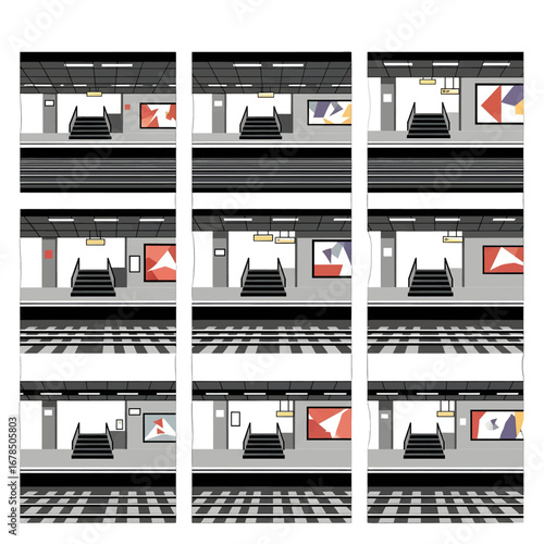 Abstract Pixel Art View of a Subway Station Platform with Stairs and Geometric Artwork In Grayscale Tones