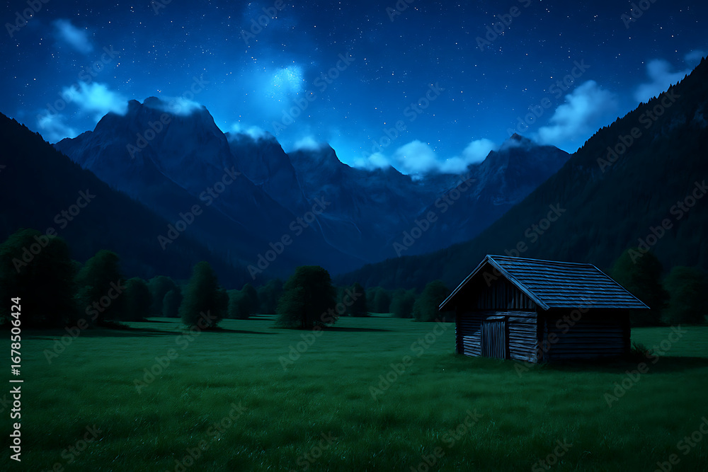 Obraz premium 星空に包まれた山小屋 / Mountain Cabin under a Starry Sky