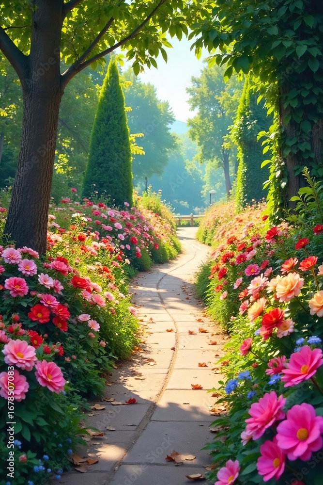 Naklejka premium A winding garden path strewn with vibrant, colorful flower bouquets, leading to a sun-drenched destination Perfect for spring, summer, wedding, or romance themes , blossoms, vibrant