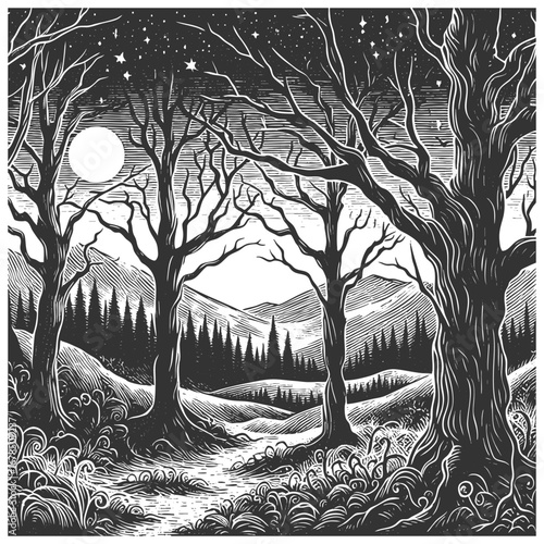 dark forest with bare trees, mountains, and starry night sky lit by the full moon sketch engraving generative ai vector illustration. Scratch board imitation. Black and white image.