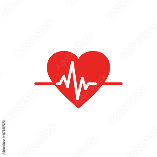 Isolated Red Heart Pulse Graphic with Flat Design on White Background Depicting Health Vitality and Medical Sign