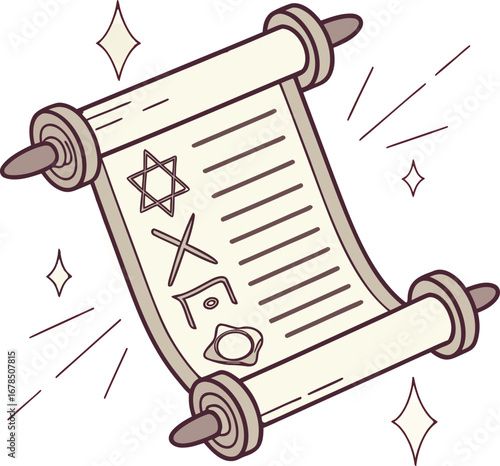 An illustrated scroll with Star of David and other religious symbols.