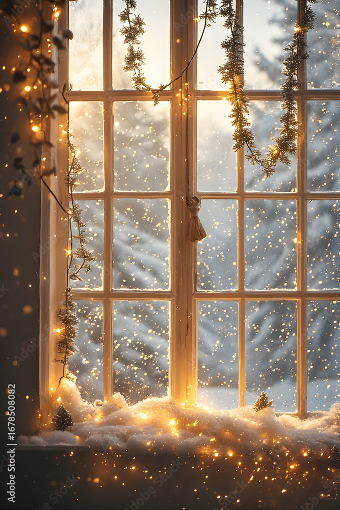 Naklejka premium ia generated. Cozy decorated window with fairy lights and garlands, soft snow. Large Window with Hanging Garlands and Fairy Lights at Golden Hour
