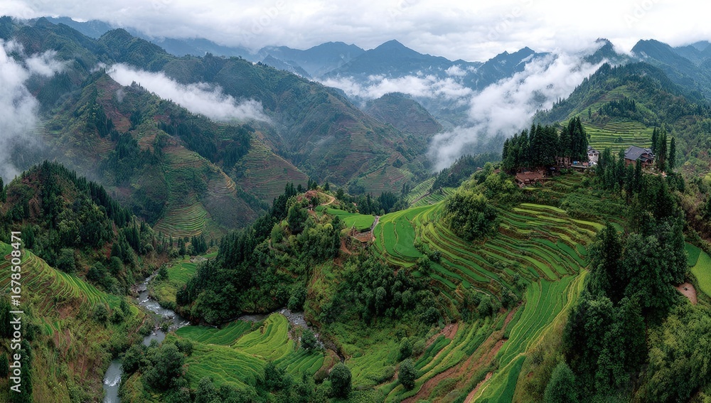 Fototapeta premium Mountainous landscape with terraced rice paddies. Misty valley, lush greenery