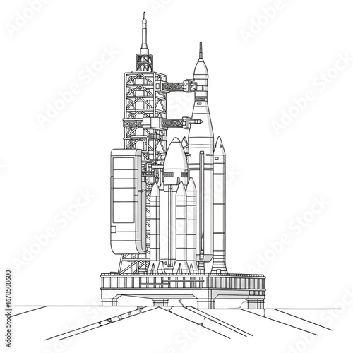 Detailed Black and White Space Shuttle Rocket Illustration Featuring Launch Complex Design on White Background
