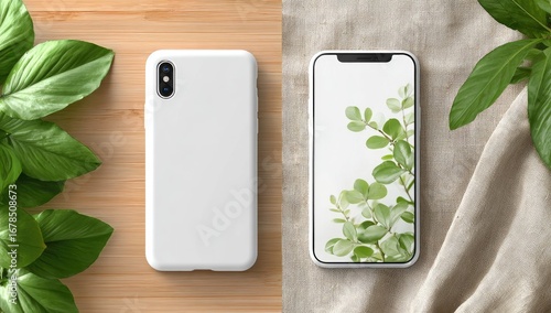 White phone case and phone on wood and fabric, nature backdrop