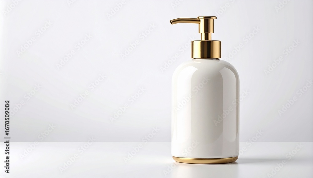 Fototapeta premium White pump bottle with gold dispenser on a reflective gray surface