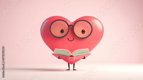 Heart character wearing glasses reading a book in a cozy environment for educational content