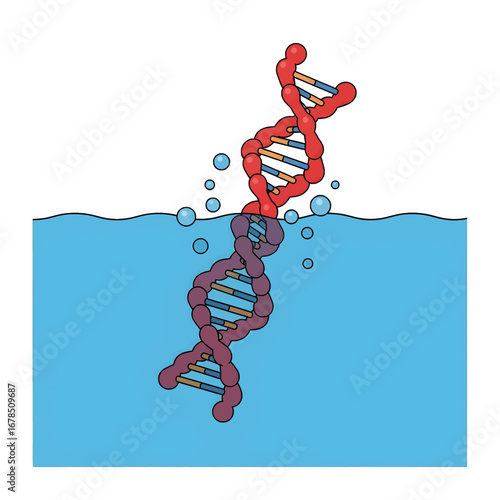 Red Dna Molecule Reflecting on Blue Water Surface Genetic Research Illustration Healthcare and Scientific Concepts