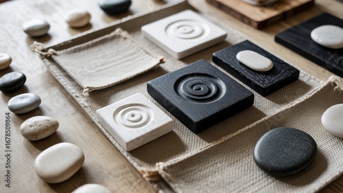 Zen Inspired Mood Board Flat Lay Textured Wood Blocks Carved Patterns Smooth Stones Fabric Squares Natural Materials Minimalist Design Concept