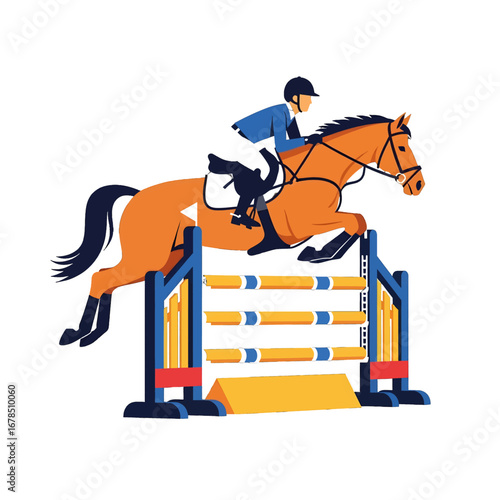Orange Horse and Rider in Blue Jacket Jumping Over Hurdle in Dynamic Equestrian Competition Flat Vector Illustration on White Background