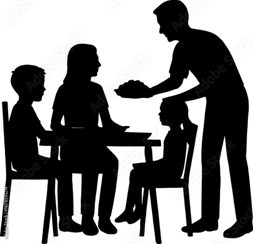 Silhouette illustration of a family sitting at a dining table, while the father serves food, vector style on white Background 