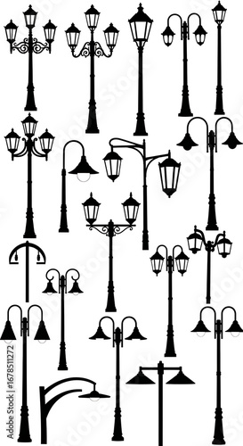 Collection of vintage street lamp silhouettes on white background