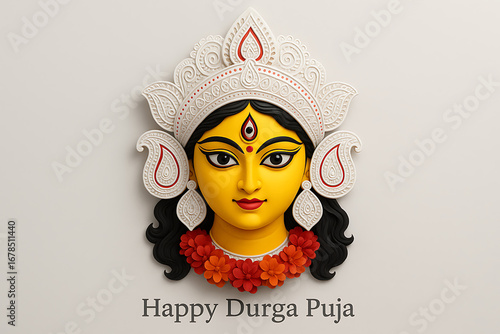 A white clay-style sculpture of durga maa with a yellow face and red and orange flowers garland, on a light gray background for durga puja