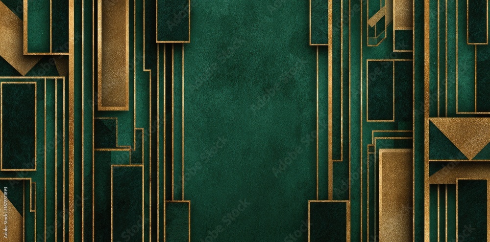 Obraz premium Abstract art with layered, geometric shapes in emerald green and gold