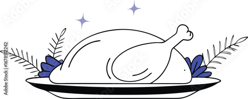 Illustration of a thanksgiving turkey on a plate with pine branches, ideal for holiday designs