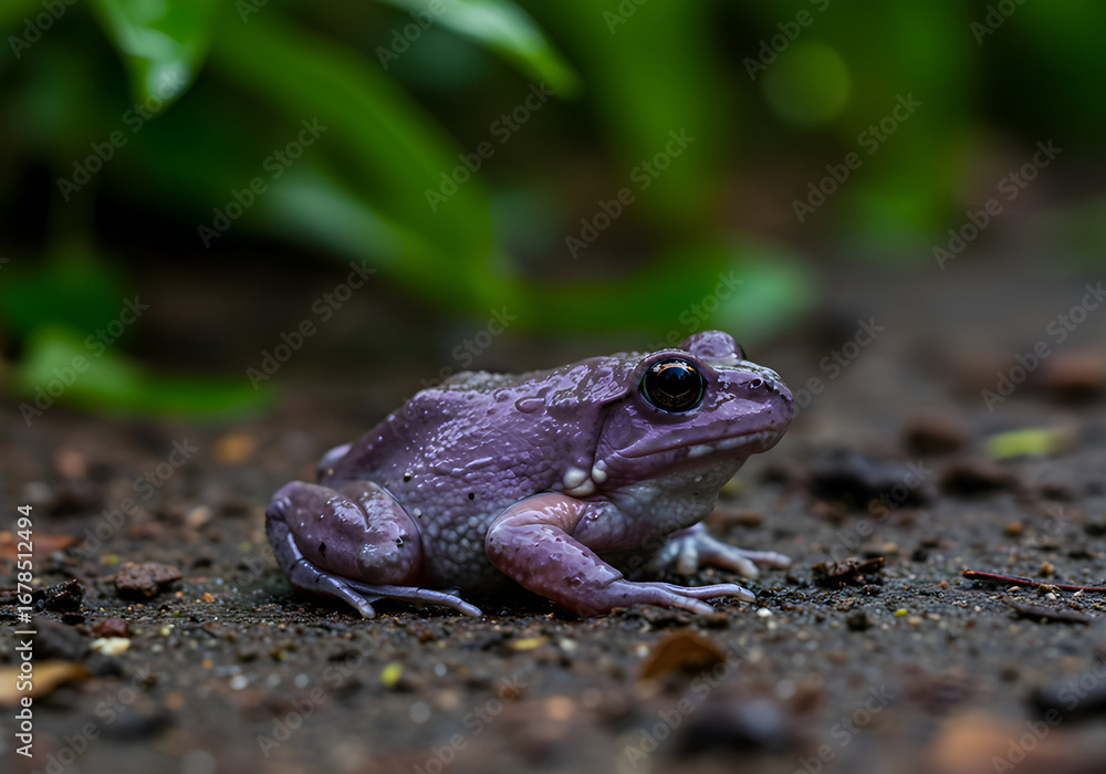 Obraz premium Purple Frog Resting on Damp Soil with Green Foliage Close-Up