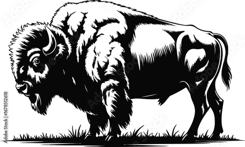 Powerful bison standing in grassy field black and white illustration