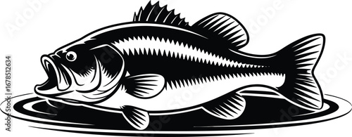 Black and white illustration of a large mouth bass on a plate