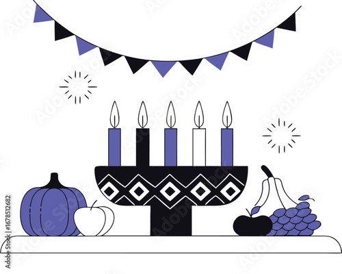 Hanukkah menorah with candles and festive decorations on a table