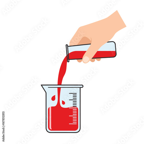 Illustration of Hand Pouring Red Liquid into Beaker for Scientific Experiment in Lab with Transparent Background