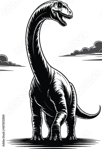 Black and white illustration of a brontosaurus dinosaur standing tall