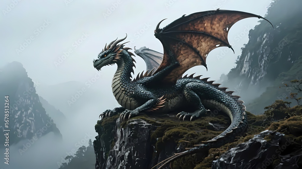 Naklejka premium Dragon resting on mountain cliff foggy atmosphere cinematic depth detailed wings and scales