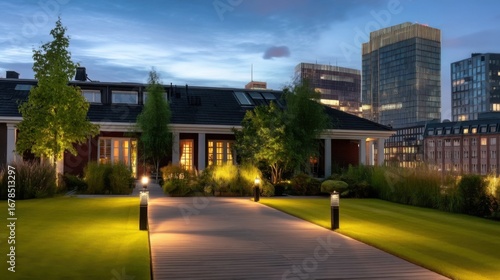 A tranquil modern urban garden scene during twilight with a wooden deck walkway leading to a traditional red-brown house